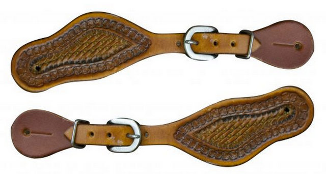 Youth size basket weave tooled spur straps. Adjusts 7.5" to 9"-Youth size basket weave tooled spur straps. Adjusts 7.5 to 9