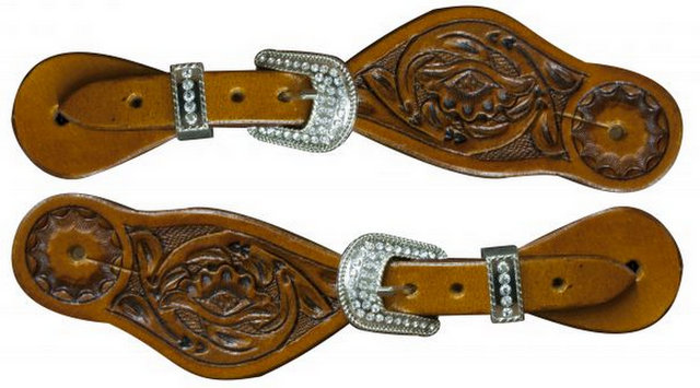 Youth size floral tooled spur straps with crystal rhinestone buckles.-Youth size floral tooled spur straps with crystal rhinestone buckles.