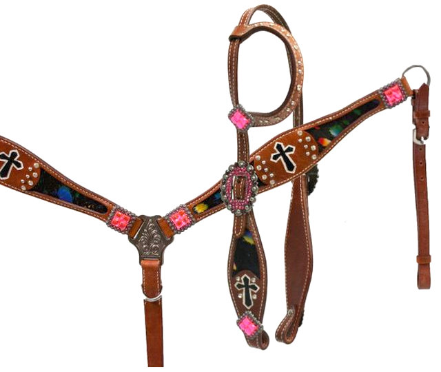 Metallic splash headstall and breast collar set with painted cross accents.-Metallic splash headstall and breast collar set with painted cross accents.