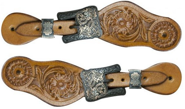 Youth size floral tooled spur straps with engraved antiqued brass buckles.- Youth size floral tooled spur straps with engraved antiqued brass buckles.