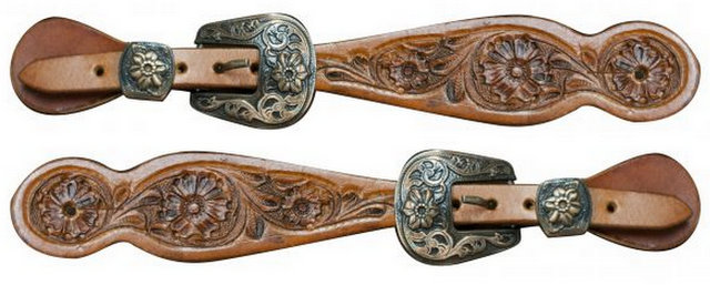 Ladies size floral tooled spur straps with engraved antique brass buckles.-Ladies size floral tooled spur straps with engraved antique brass buckles.