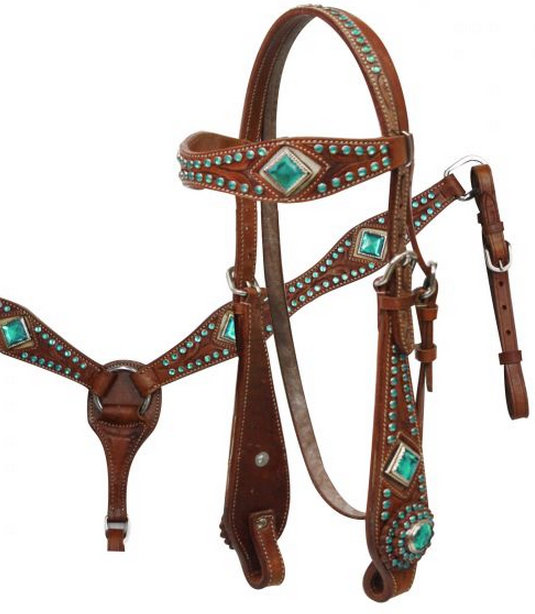 tooled leather browband headstall and breastcollar set with pink or turquoise rhinestones.-tooled leather browband headstall and breastcollar set with pink or turquoise rhinestones.