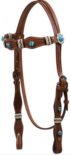 Turquoise Stone Beaded Headstall with Rawhide Accents.- Turquoise Stone Beaded Headstall with Rawhide Accents.