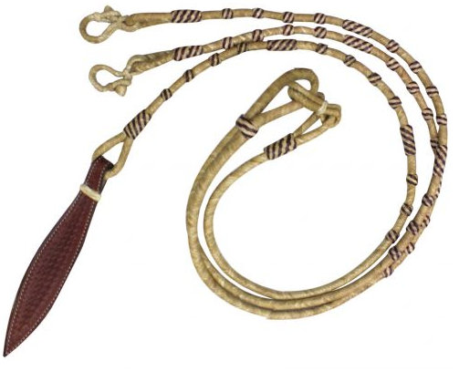 Braided Natural Rawhide Romal Reins with Leather Popper.- Braided Natural Rawhide Romal Reins with Leather Popper.