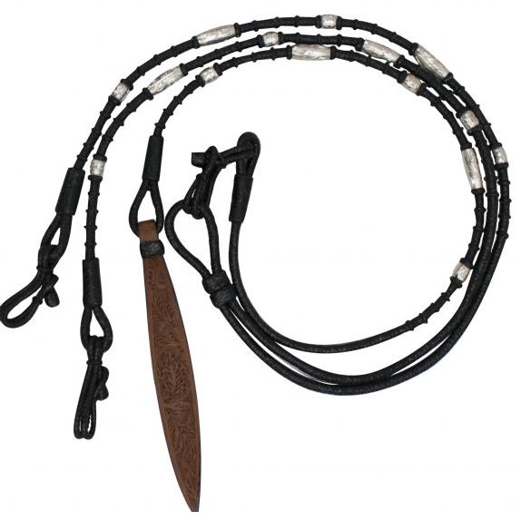 Black Braided Natural Rawhide Romal Reins with Leather Popper.-Black Braided Natural Rawhide Romal Reins with Leather Popper.
