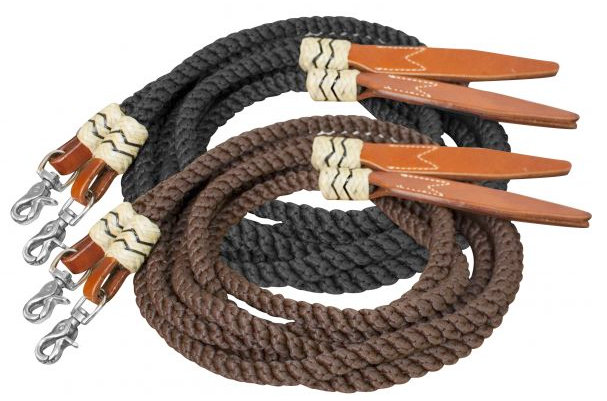 8 ft.rolled nylon split reins with leather poppers.-8 ft rolled nylon split reins with leather poppers.