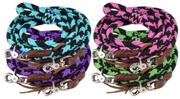 8ft braided nylon barrel reins with scissor snap ends.-8ft braided nylon barrel reins with scissor snap ends.