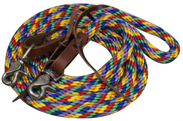 Multi colored round braided nylon barrel rein with scissor snap ends.- Multi colored round braided nylon barrel rein with scissor snap ends.