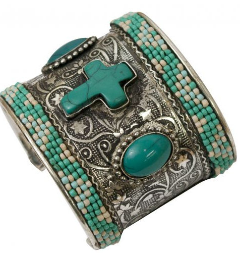 Engraved brushed silver cuff bracelet with turquoise stone cross.-Engraved brushed silver cuff bracelet with turquoise stone cross.