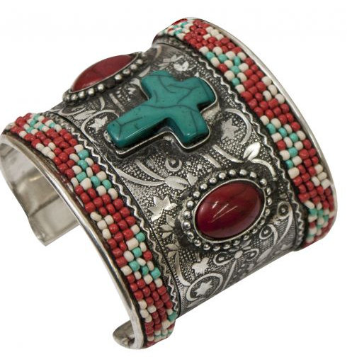 Engraved brushed silver cuff bracelet with turquoise stone cross.-Engraved brushed silver cuff bracelet with turquoise stone cross.