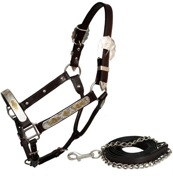 leather horse size silver show halter- leather horse size silver show halter