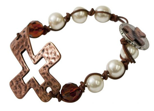 Copper cross bracelet with pearl beads.-Copper cross bracelet with pearl beads.