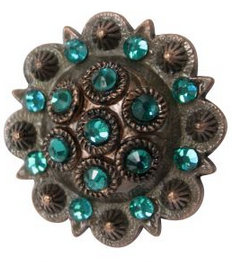 Antique copper colored rosette concho with teal rhinestones.- Antique copper colored rosette concho with teal rhinestones.
