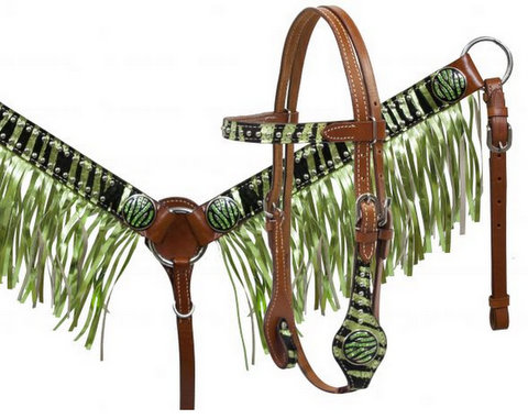 Pony size metallic lime zebra print hair on cowhide fringe headstall and breast collar set.- Pony size metallic lime zebra print hair on cowhide fringe headstall and breast collar set.
