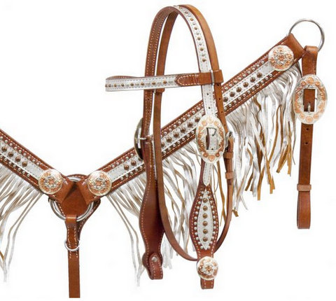 Medium leather headstall and breast collar set with silver overlay and fringe with rose gold accents-Medium leather headstall and breast collar set with silver overlay and fringe with rose gold accents