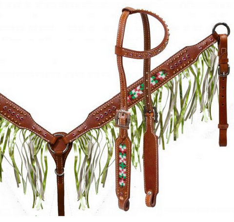 Medium leather headstall and breast collar set with beaded inlay and metallic lime fringe-Medium leather headstall and breast collar set with beaded inlay and metallic lime fringe
