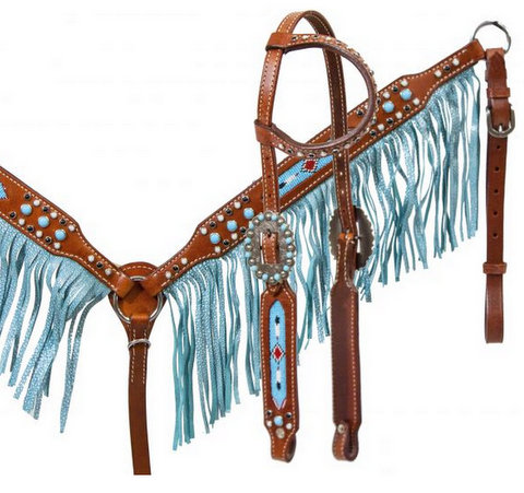Medium leather headstall and breast collar set with beaded inlay and turquoise sting ray print fringe.-Medium leather headstall and breast collar set with beaded inlay and turquoise sting ray print fringe.