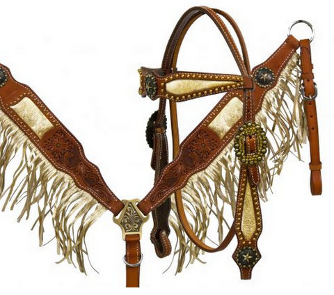 Argentina cow leather gold fringe headstall and breast collar set with star conchos-Argentina cow leather gold fringe headstall and breast collar set with star conchos