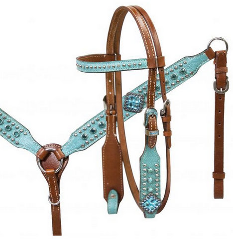 Pony size Turquoise leather overlay headstall and breast collar set with turquoise cyrstal rhinestones.- Pony size Turquoise leather overlay headstall and breast collar set with turquoise cyrstal rhinestones.