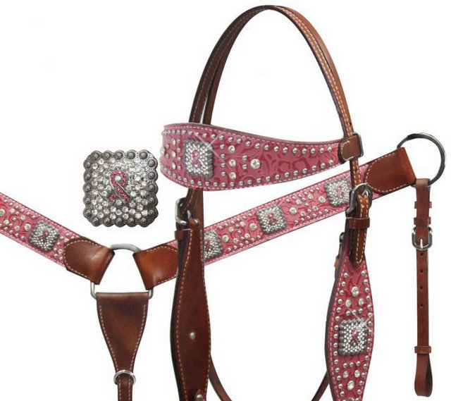 Pink Ribbon Headstall and Breast Collar Set with Crystal Rhinestones.-Pink Ribbon Headstall and Breast Collar Set with Crystal Rhinestones.