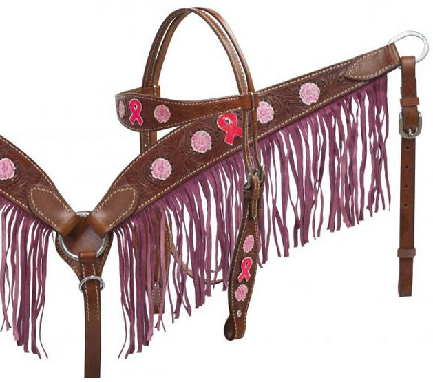 BREAST CANCER AWARENESS Medium leather headstall and breast collar set with suede fringe-BREAST CANCER AWARENESS Medium leather headstall and breast collar set with suede fringe