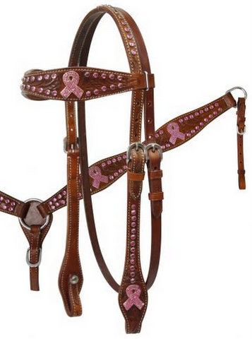 Headstall and Breast Collar Set with Pink Ribbon Crystal Rhinestone Conchos-Headstall and Breast Collar Set with Pink Ribbon Crystal Rhinestone Conchos