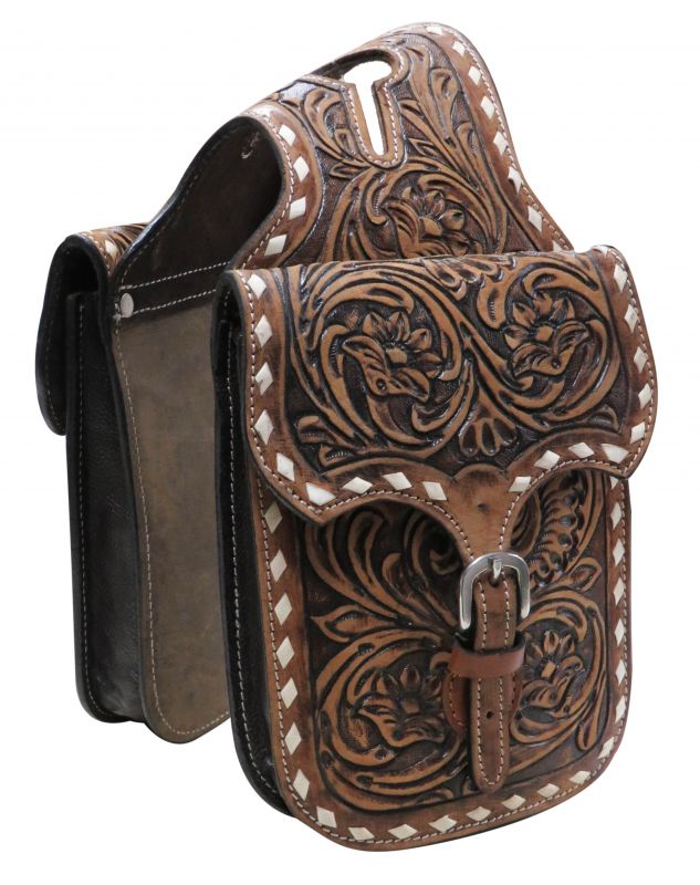 Floral tooled leather horn bag.-Floral tooled leather horn bag.