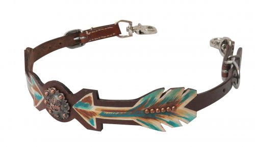 Medium leather wither strap with painted arrows and praying cowboy concho- Medium leather wither strap with painted arrows and praying cowboy concho