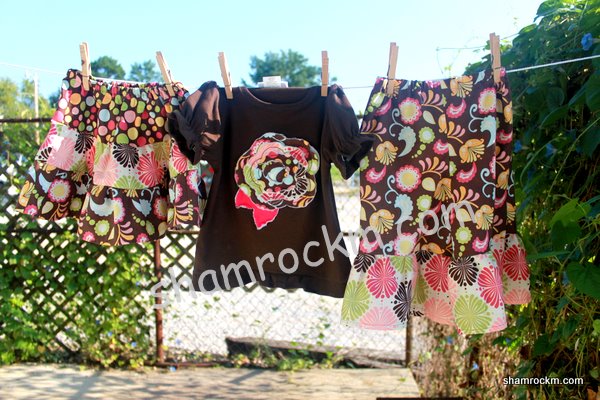 3 piece ruffle set--pink and brown-sample sale, ruffle pants, twirl skirt raggy flower ruffle top