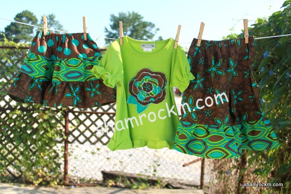 3 piece ruffle set--lime green-ruffle pants, twirl skirt, ruffle top, sammple