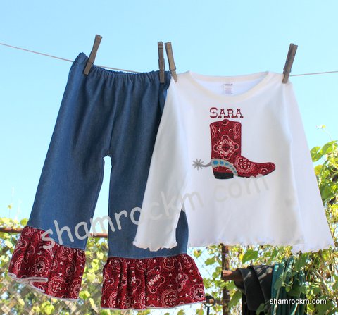 denim and bandana ruffle pants outfit-ruffle pants,bandana prints, cowboy boot applique, cowgirl outfit