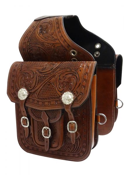 Tooled leather saddle bag with engraved silver conchos and buckles- Tooled leather saddle bag with engraved silver conchos and buckles