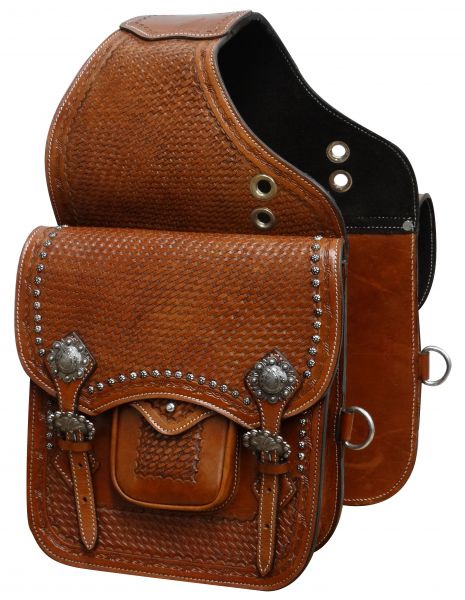 Tooled leather saddle bag with engraved brushed nickel hardware-Tooled leather saddle bag with engraved brushed nickel hardware
