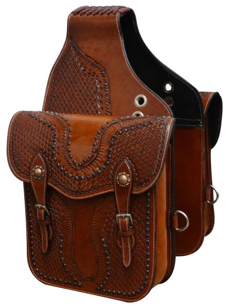 Tooled leather saddle bag with antique copper hardware-Tooled leather saddle bag with antique copper hardware