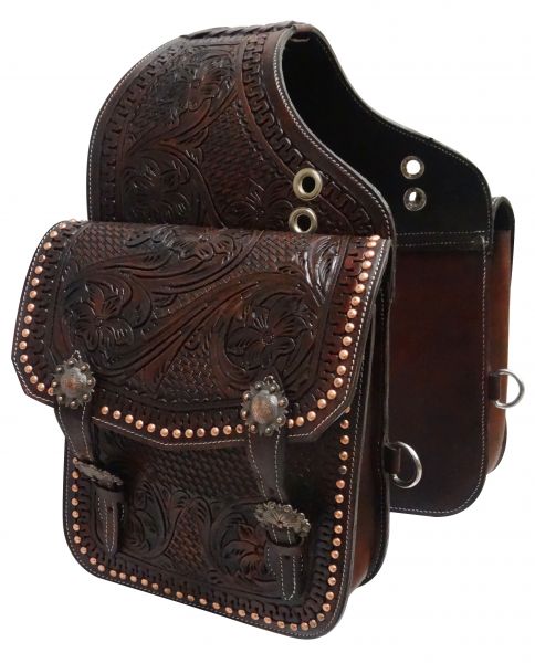 Tooled dark oil leather saddle bag with engraved antique bronze conchos and buckles-Tooled dark oil leather saddle bag with engraved antique bronze conchos and buckles