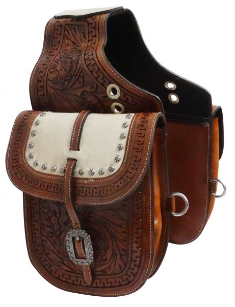 Tooled leather saddle bag with hair-on cowhide overlay- Tooled leather saddle bag with hair-on cowhide overlay