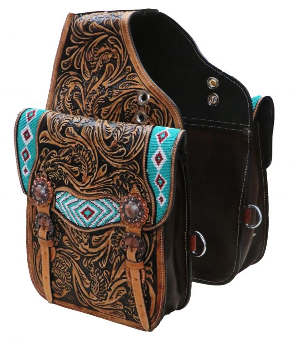 Tooled leather saddle bag with beaded inlay-Tooled leather saddle bag with beaded inlay