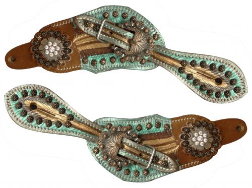 Youth size metallic painted spur straps with brushed copper engraved hardware- Youth size metallic painted spur straps with brushed copper engraved hardware