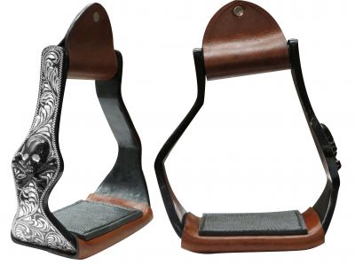 Black Aluminum angled stirrups with skull and cross bones-Black Aluminum angled stirrups with skull and cross bones