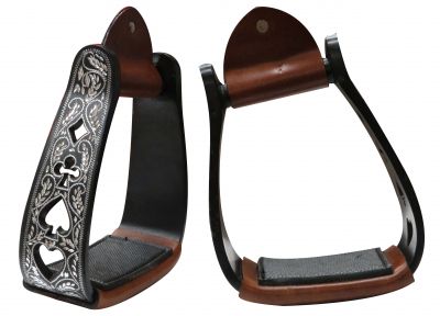 Angled Black Aluminum Stirrups with Silver Engraving and Cut Out Poker Suit Designs-Angled Black Aluminum Stirrups with Silver Engraving and Cut Out Poker Suit Designs