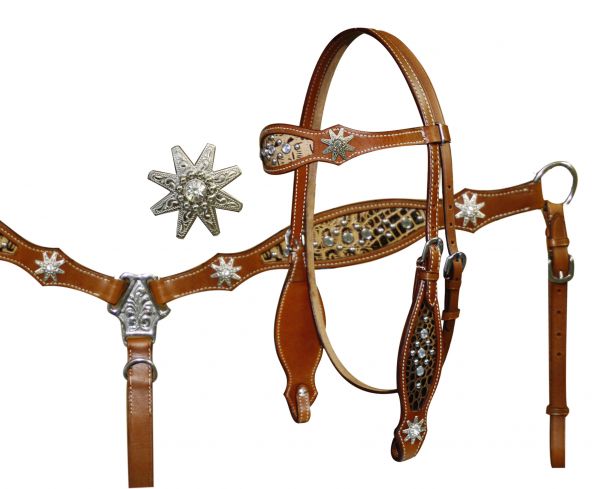 Headstall and Breast Collar Set with Cut Out Alligator Print Accented with Spur Rowel Conchos and Crystal Rhinestone Studs- Headstall and Breast Collar Set with Cut Out Alligator Print Accented with Spur Rowel Conchos and Crystal Rhinestone Studs
