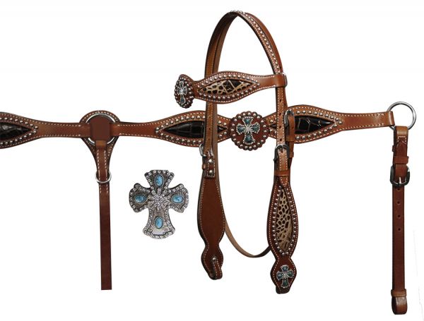 Double Stitched Leather Headstall and Breast Collar set With Alligator Print and Silver Cross Conchos-Double Stitched Leather Headstall and Breast Collar set With Alligator Print and Silver Cross Conchos