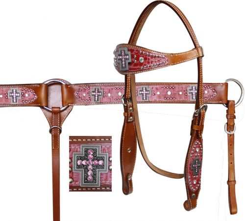 Double Stitched Leather Headstall and Breast Collar Set with Alligator Print and Cross Conchos-Double Stitched Leather Headstall and Breast Collar Set with Alligator Print and Cross Conchos
