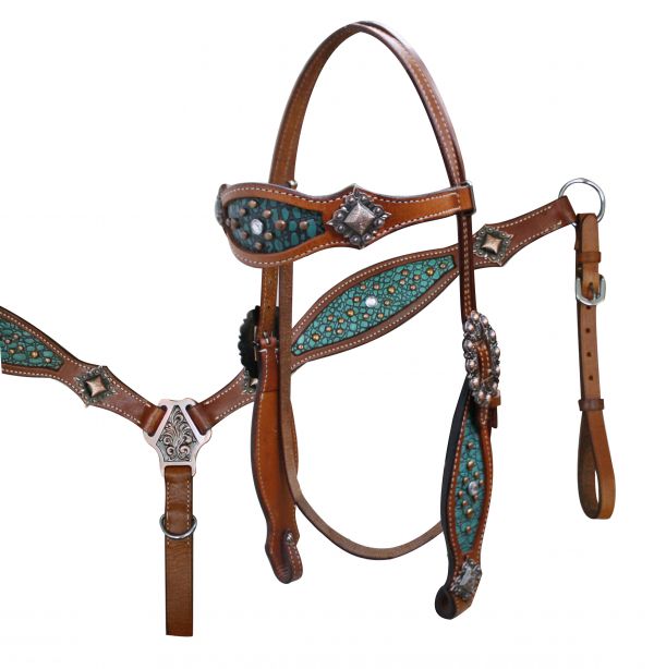 Headstall and Breast Collar Set with Teal Alligator Print Inlay.- Headstall and Breast Collar Set with Teal Alligator Print Inlay.