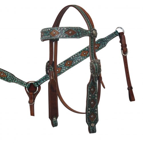Headstall and Breast Collar Set with Alligator Print Overlay and Hair On Cowhide Diamond Inlay.-Headstall and Breast Collar Set with Alligator Print Overlay and Hair On Cowhide Diamond Inlay.