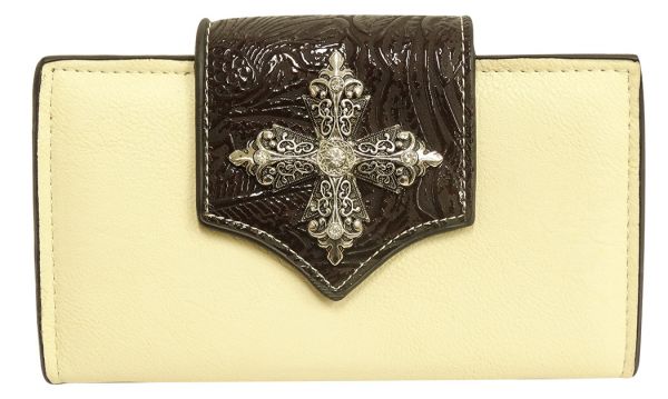 Cream leather wallet with brown embossed design flip over clasp accented crystal rhinstone cross-Cream leather wallet with brown embossed design flip over clasp accented crystal rhinstone cross