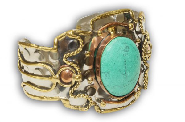 2" metal turquoise stone cuff bracelet with copper and gold accents- 2 metal turquoise stone cuff bracelet with copper and gold accents