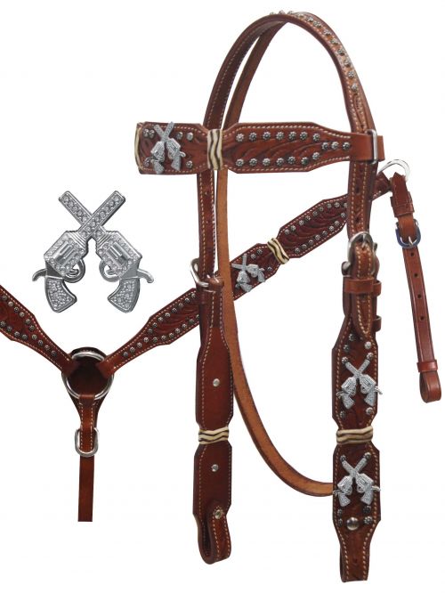 Crossed Guns Headstall and Breast Collar Set.-Crossed Guns Headstall and Breast Collar Set.