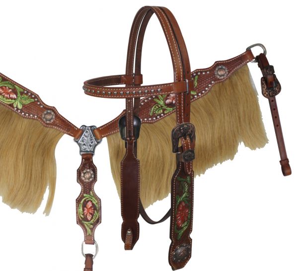 Painted tooling with horse hair fringe set-fringe breast collar headstall set