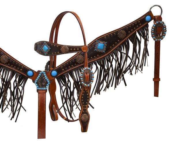 Leather fringe and antique concho breast collar set-Leather fringe and antique concho breast collar set